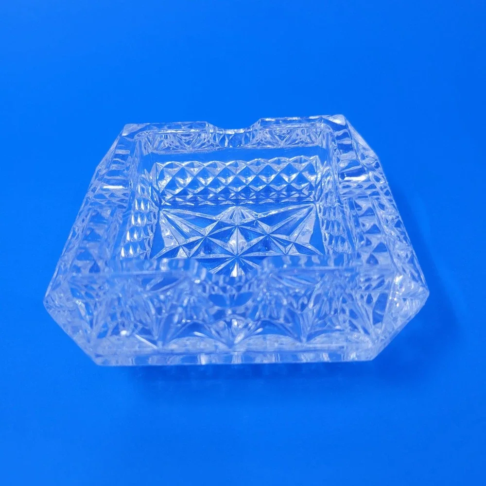 MCM Crystal Ashtray‎ Diamond Cut Square Vintage Heavy Glass Small Chip